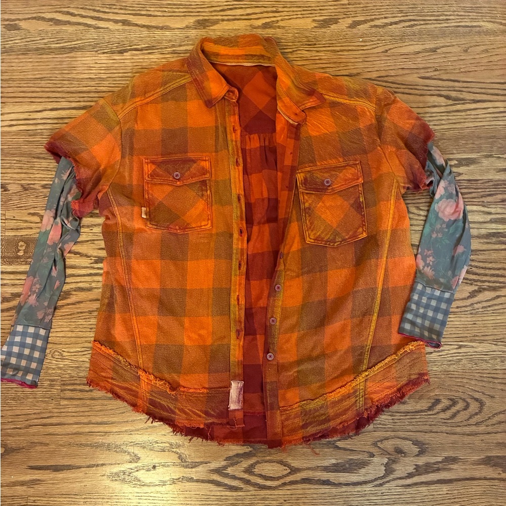 Orange Plaid Shirt with Mesh Sleeves